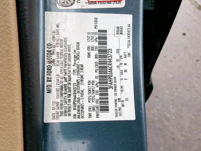 3FAHP0JA6CR443723 - 2012 FORD FUSION SEL BLUE photo 10