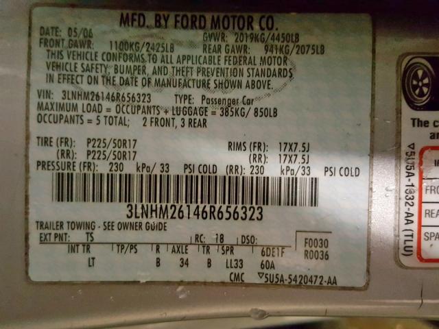 3LNHM26146R656323 - 2006 LINCOLN ZEPHYR SILVER photo 10