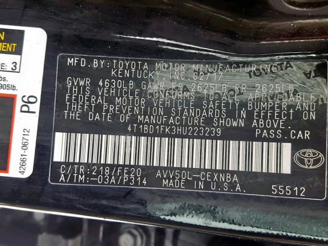 4T1BD1FK3HU223239 - 2017 TOYOTA CAMRY HYBR BLACK photo 10