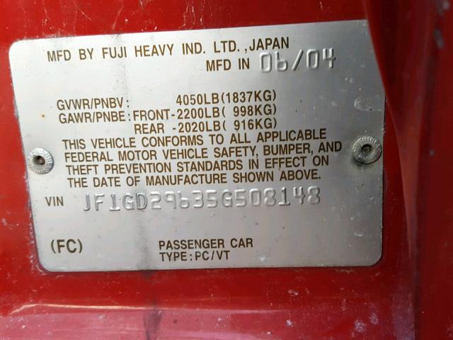 JF1GD29635G508148 - 2005 SUBARU IMPREZA WR RED photo 10