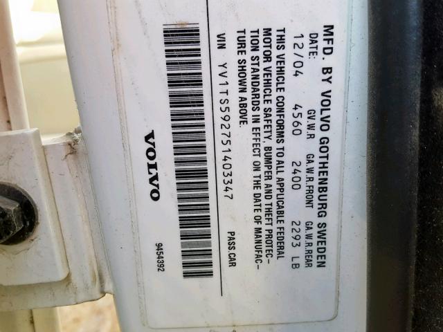 YV1TS592751403347 - 2005 VOLVO S80 2.5T WHITE photo 10