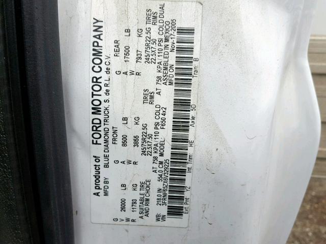 3FRNF65ZX6V329225 - 2006 FORD F650 SUPER WHITE photo 10