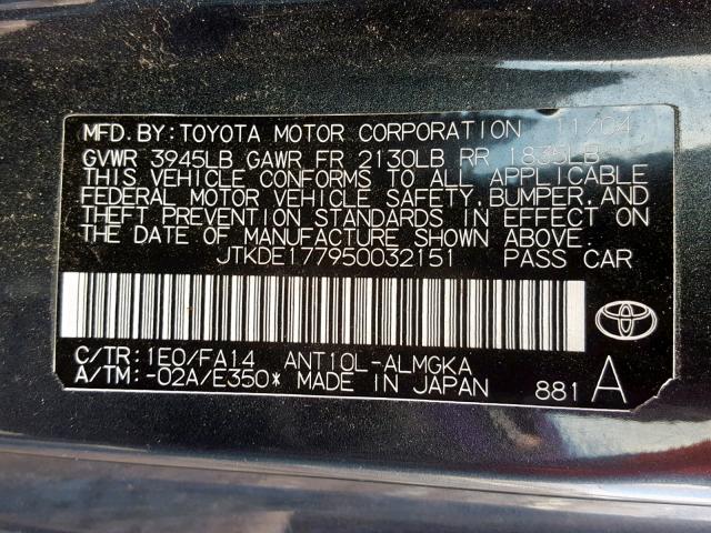 JTKDE177950032151 - 2005 TOYOTA SCION TC Сұр фото 10