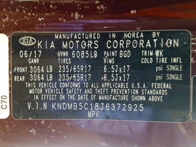 KNDMB5C18J6372925 - 2018 KIA SEDONA LX BURGUNDY photo 10