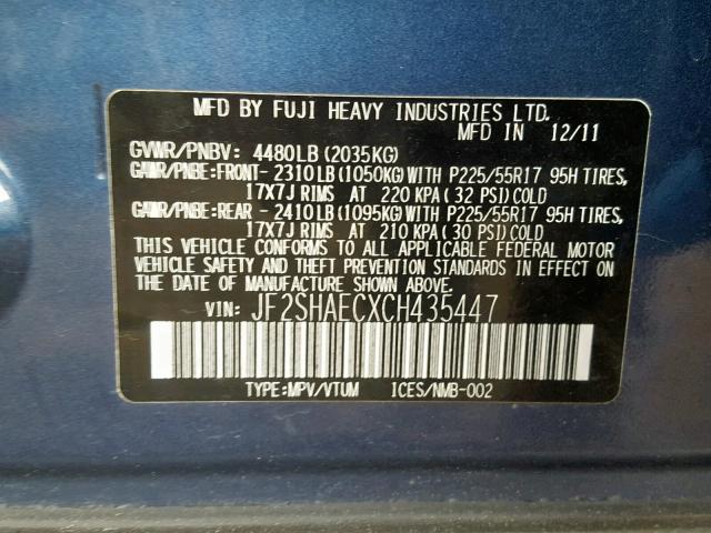 JF2SHAECXCH435447 - 2012 SUBARU FORESTER L BLUE photo 10