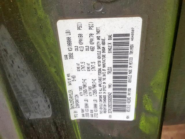 3D7KU28D33G826542 - 2003 DODGE RAM 2500 S Մոխրագույն լուսանկար 10