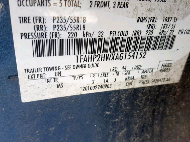 1FAHP2HWXAG154152 - 2010 FORD TAURUS SEL BLUE photo 10