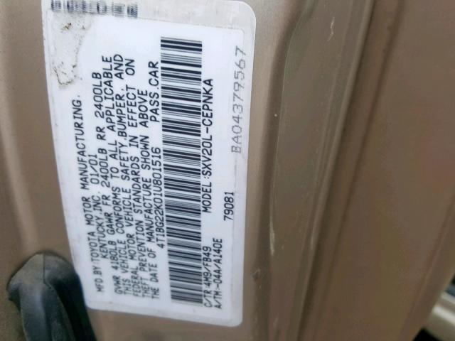 4T1BG22K01U801516 - 2001 TOYOTA CAMRY TAN photo 10