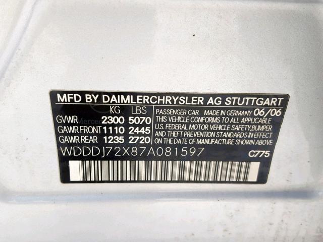 WDDDJ72X87A081597 - 2007 MERCEDES-BENZ CLS 550 SILVER photo 10