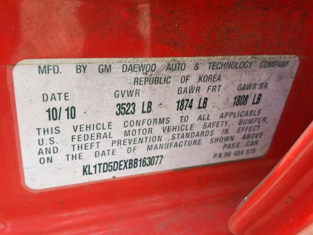 KL1TD5DEXBB163077 - 2011 CHEVROLET AVEO LS RED photo 10