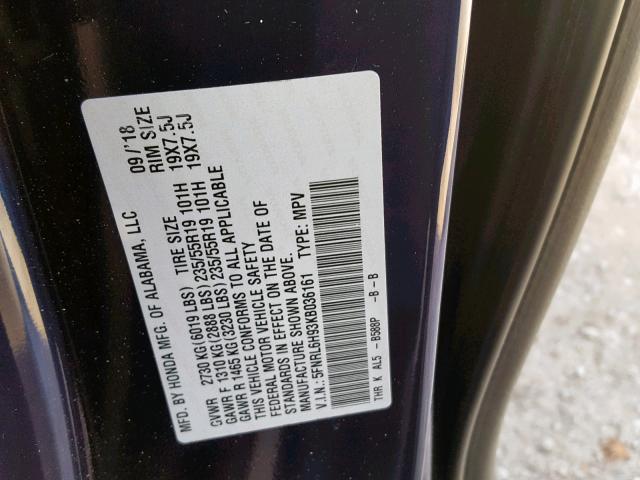 5FNRL6H93KB036161 - 2019 HONDA ODYSSEY EL BLUE photo 10