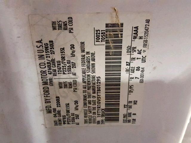 1FTYR10V5YTB01295 - 2000 FORD RANGER WHITE photo 10