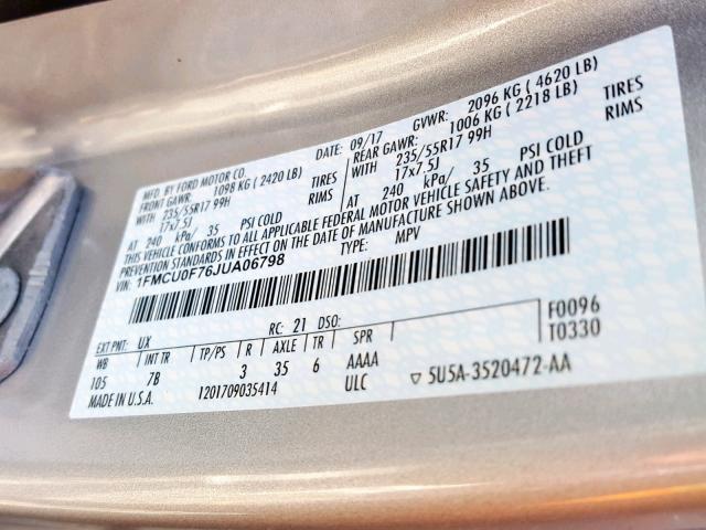 1FMCU0F76JUA06798 - 2018 FORD ESCAPE S GRAY photo 10