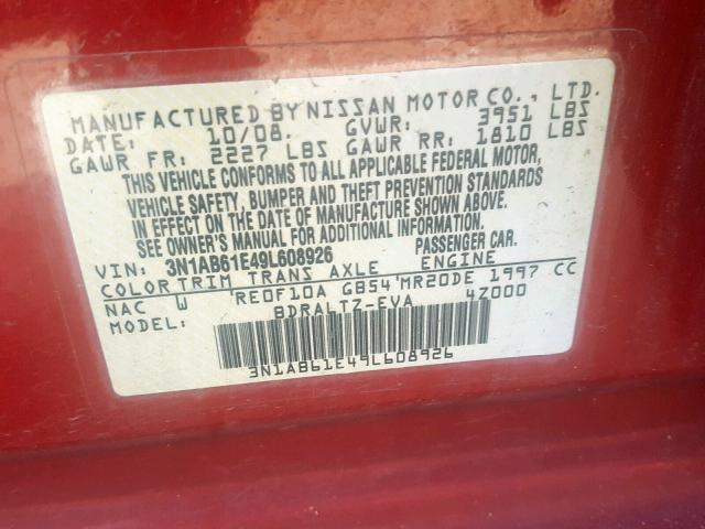 3N1AB61E49L608926 - 2009 NISSAN SENTRA 2.0 RED photo 10