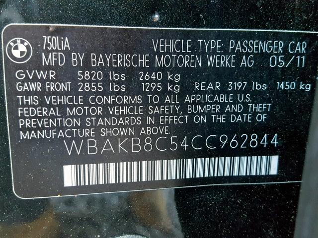 WBAKB8C54CC962844 - 2012 BMW 750LI BLACK photo 10