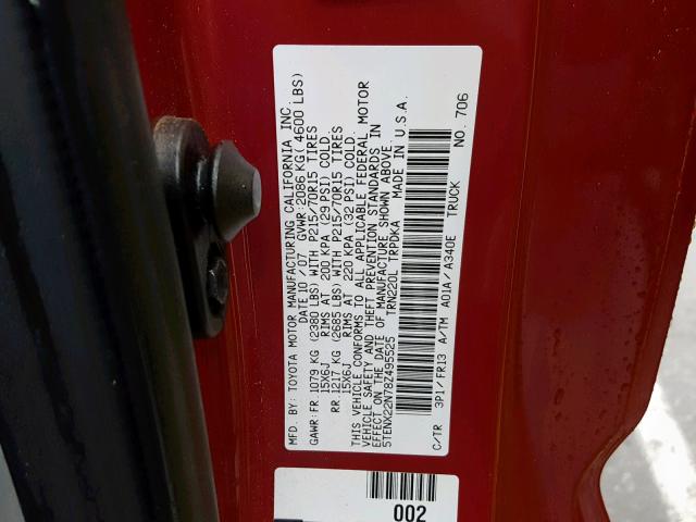 5TENX22N78Z495525 - 2008 TOYOTA TACOMA RED photo 10