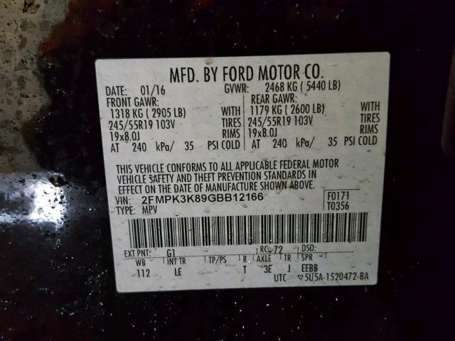 2FMPK3K89GBB12166 - 2016 FORD EDGE TITAN BLACK photo 10