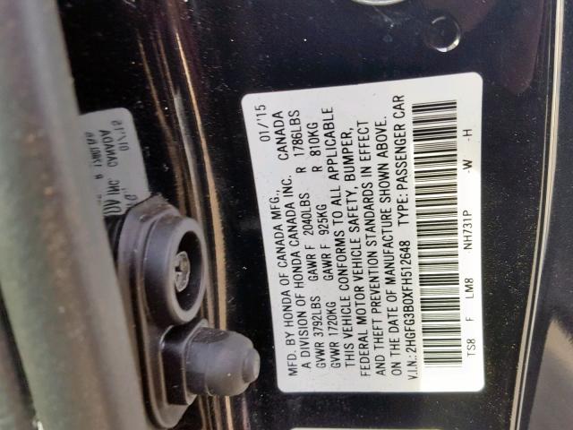 2HGFG3B0XFH512648 - 2015 HONDA CIVIC EXL BLACK photo 10