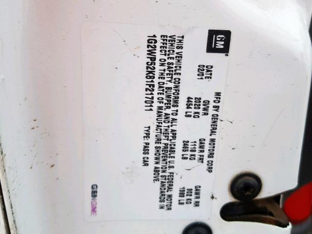 1G2WP52K81F217011 - 2001 PONTIAC GRAND PRIX WHITE photo 10