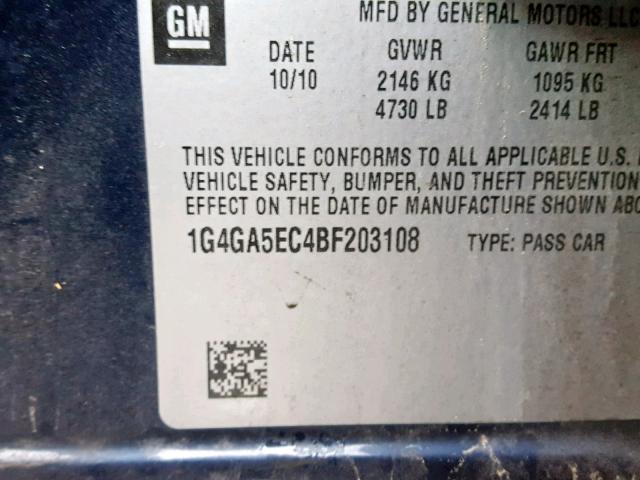 1G4GA5EC4BF203108 - 2011 BUICK LACROSSE C BLUE photo 10