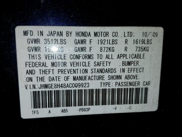 JHMGE8H48AC009923 - 2010 HONDA FIT SPORT PURPLE photo 10