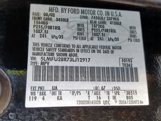 5LMFU28R73LJ12917 - 2003 LINCOLN NAVIGATOR BLACK photo 10