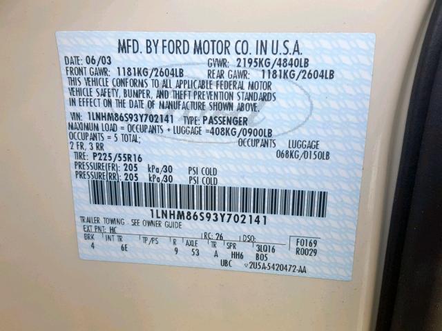 1LNHM86S93Y702141 - 2003 LINCOLN LS CREAM photo 10
