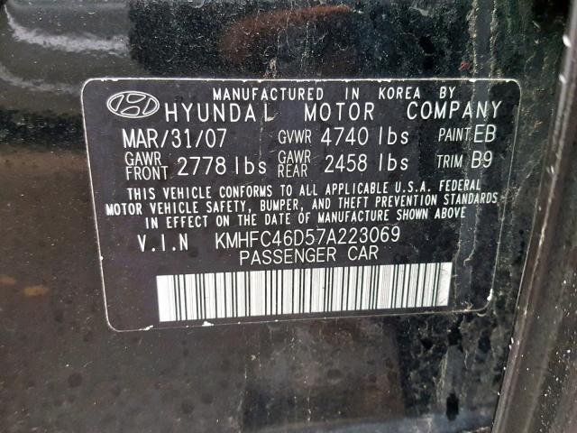 KMHFC46D57A223069 - 2007 HYUNDAI AZERA GLS BLACK photo 10