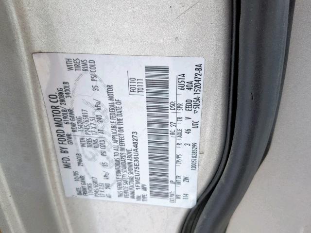 1FMEU75E36UA48273 - 2006 FORD EXPLORER L SILVER photo 10