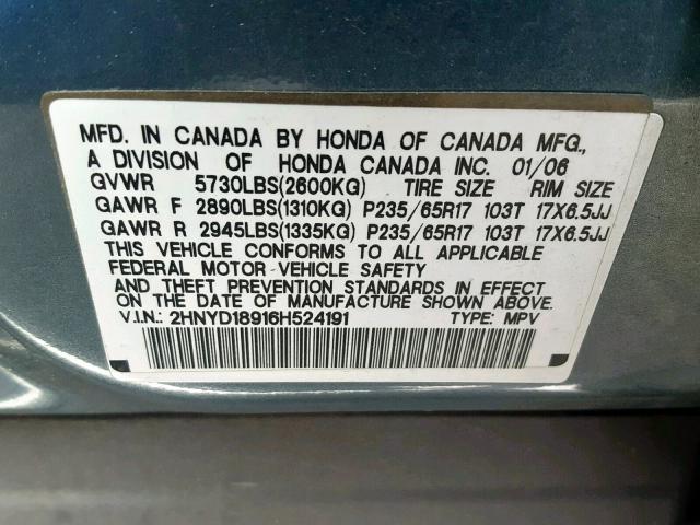 2HNYD18916H524191 - 2006 ACURA MDX TOURIN BLUE photo 10