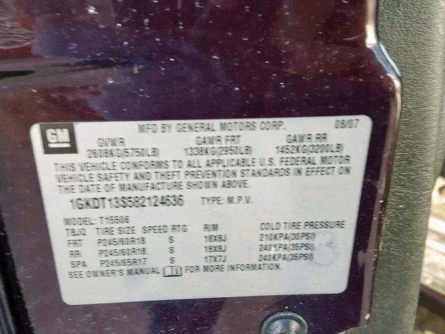 1GKDT13S582124636 - 2008 GMC ENVOY MAROON photo 10