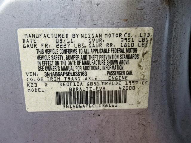 3N1AB6AP6CL638163 - 2012 NISSAN SENTRA 2.0 SILVER photo 10