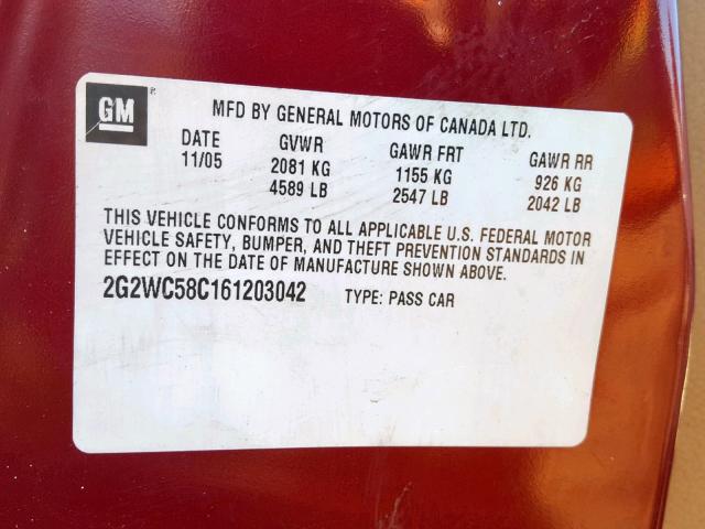 2G2WC58C161203042 - 2006 PONTIAC GRAND PRIX BURGUNDY photo 10