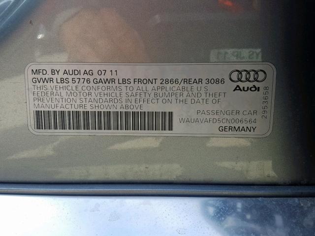 WAUAVAFD5CN006564 - 2012 AUDI A8 QUATTRO GRAY photo 10