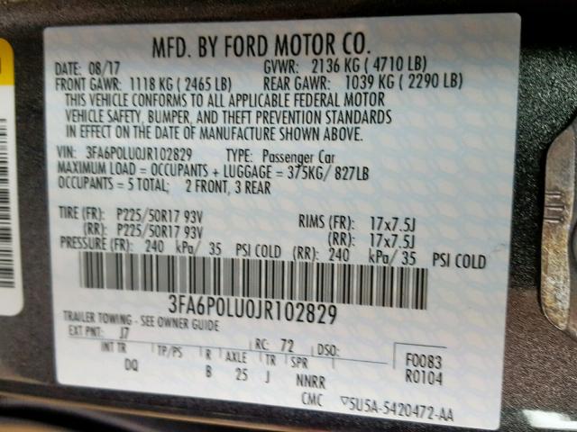 3FA6P0LU0JR102829 - 2018 FORD FUSION SE GRAY photo 10