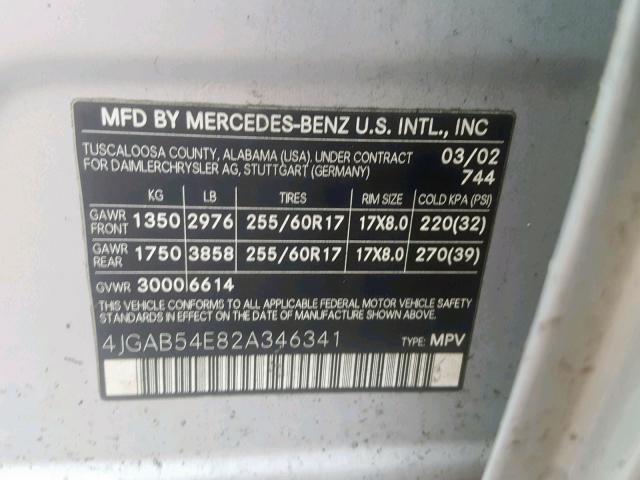 4JGAB54E82A346341 - 2002 MERCEDES-BENZ ML 320 SILVER photo 10