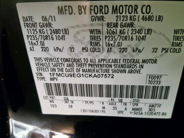 1FMCU9EG1CKA07572 - 2012 FORD ESCAPE LIM BLACK photo 10