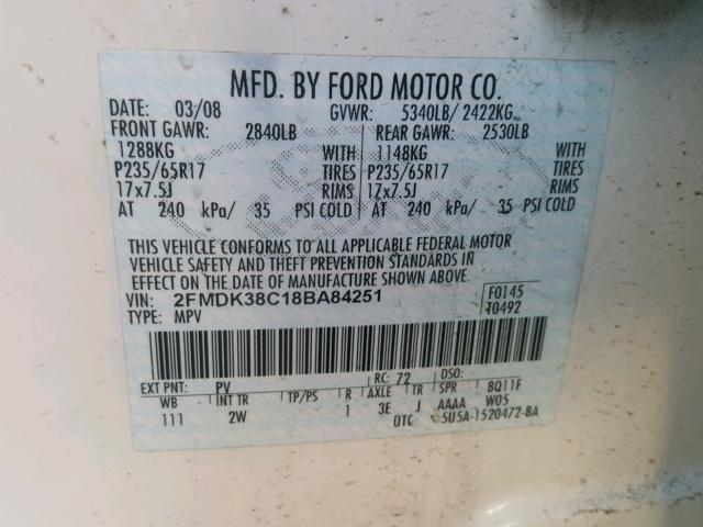 2FMDK38C18BA84251 - 2008 FORD EDGE SEL WHITE photo 10