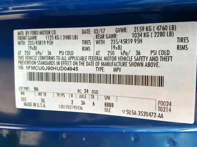 1FMCU0J90HUD04945 - 2017 FORD ESCAPE TIT BLUE photo 10