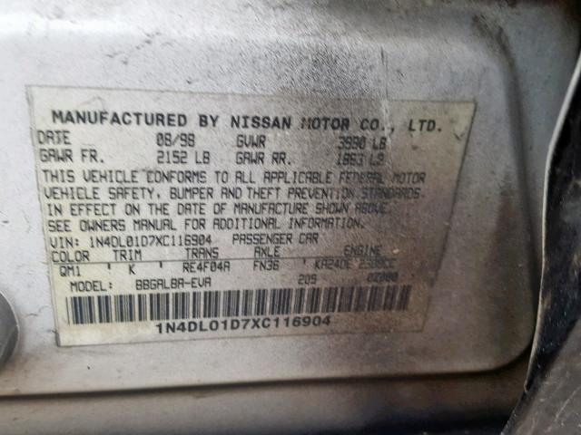 1N4DL01D7XC116904 - 1999 NISSAN ALTIMA XE BLACK photo 10