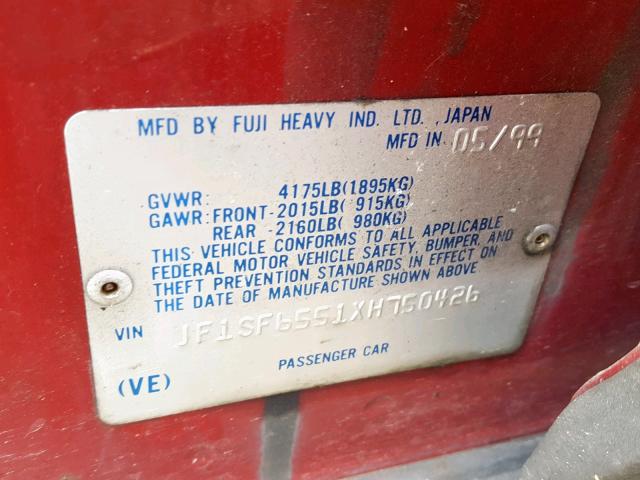 JF1SF6551XH750426 - 1999 SUBARU FORESTER S RED photo 10