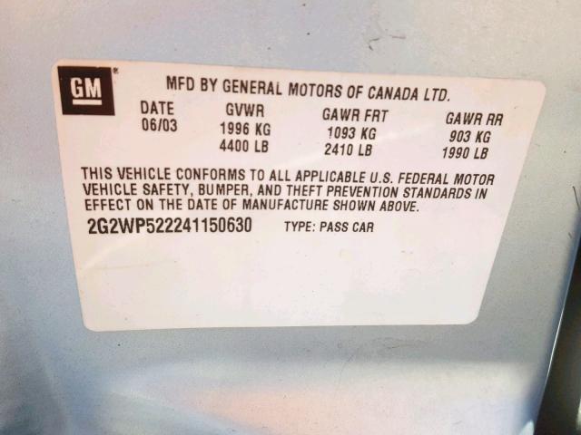 2G2WP522241150630 - 2004 PONTIAC GRAND PRIX SILVER photo 10