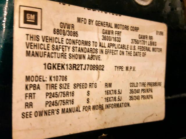 1GKEK13R2TJ708902 - 1996 GMC YUKON GREEN photo 10