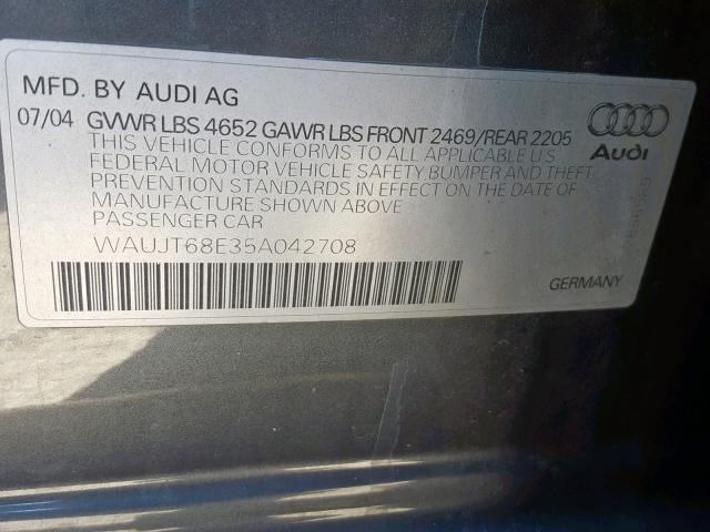 WAUJT68E35A042708 - 2005 AUDI A4 3.0 GRAY photo 10