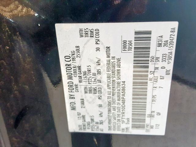 1FTYR10D48PA58634 - 2008 FORD RANGER BLACK photo 10