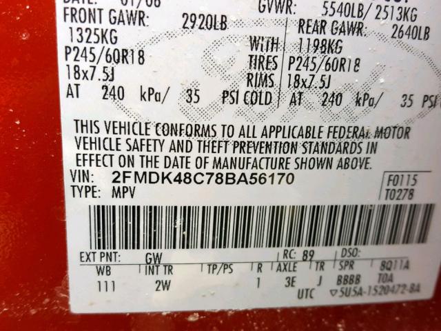 2FMDK48C78BA56170 - 2008 FORD EDGE SEL ORANGE photo 10