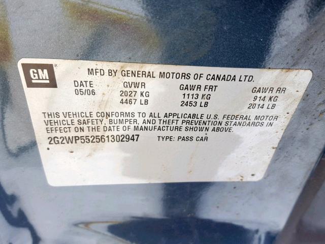 2G2WP552561302947 - 2006 PONTIAC GRAND PRIX BLUE photo 10