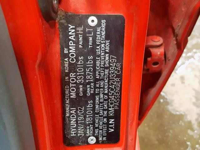 KMHCG45C42U339497 - 2002 HYUNDAI ACCENT GL RED photo 10