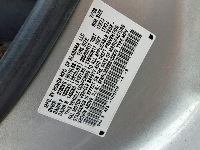 5FNRL38998B102879 - 2008 HONDA ODYSSEY TO SILVER photo 10