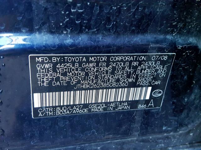 JTHBK262385082360 - 2008 LEXUS IS 250 BLACK photo 10